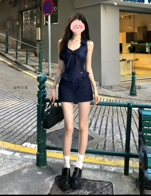 夏季新款纯欲风辣妹蝴蝶结挂脖吊带背心高腰显瘦包臀半裙两件套女