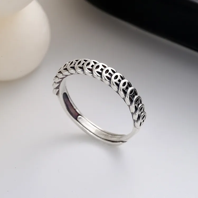 925银戒指 纯银简约复古做旧金铜钱币戒指新中工文艺高级情侣对戒