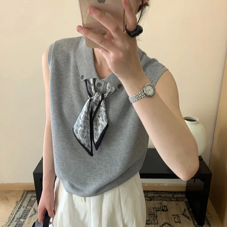 【现货】设计感领带丝巾翻领T恤女夏季新款时尚百搭冰丝针织上衣