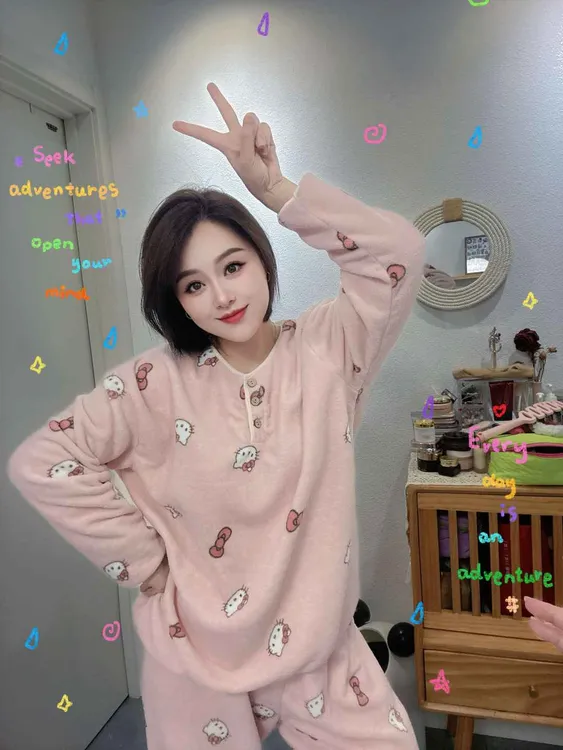 初初家秋冬季新款大码可外穿家居服软绵绵卡通可爱双面云舒绒套装