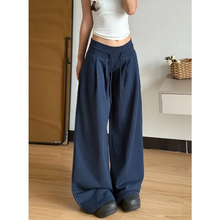 藏青色运动裤女春秋夏季2025新款低腰阔腿裤宽松休闲拖地直筒卫裤