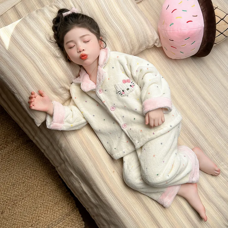 女童睡衣珊瑚绒2025新款女孩翻领开衫套装法兰绒秋冬款儿童家居服