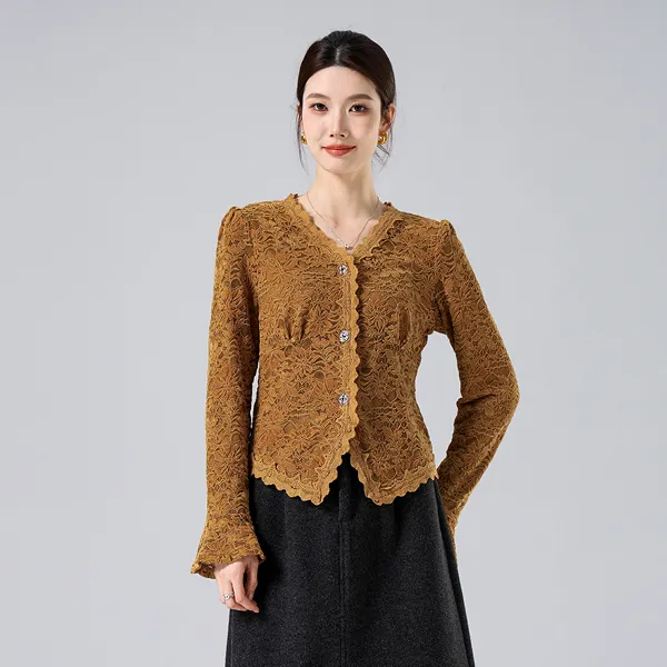 燕苹新冬款法式蕾丝花边V领收腰修身显瘦开叉喇叭袖打底ZQY25-93