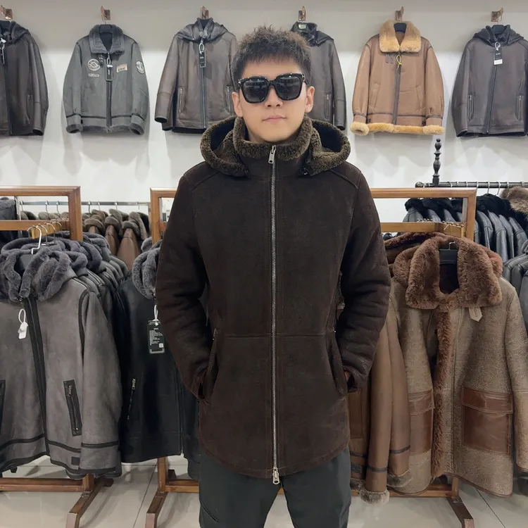 男士休闲皮毛一体真皮原生态重工双色水洗工艺羊皮羊毛中长外套