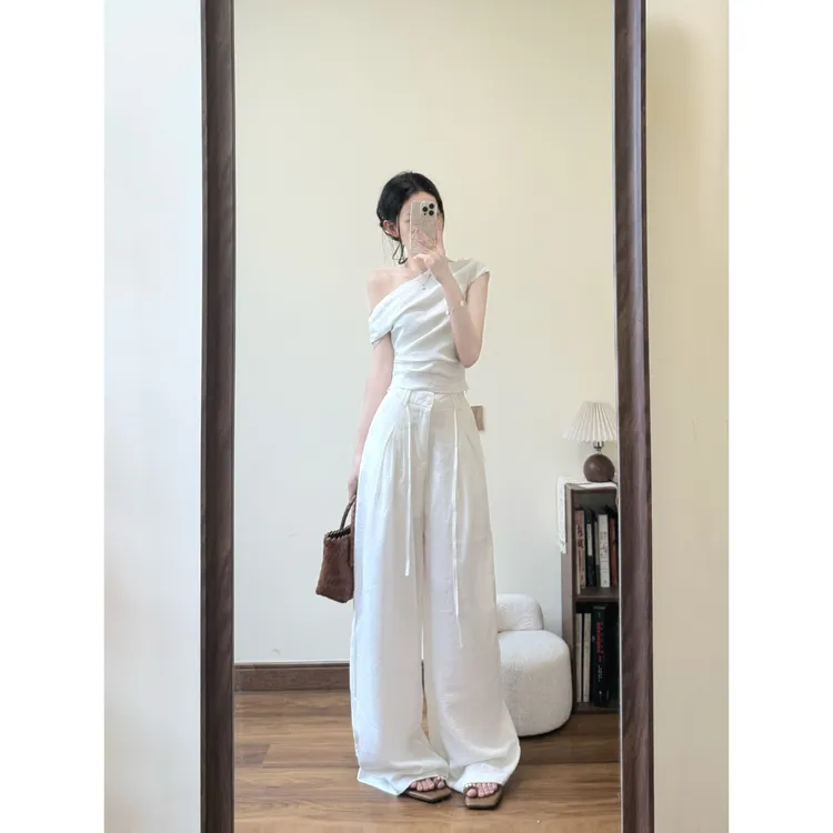 MARIE.COCO法式纯欲斜肩短袖T恤高腰显瘦阔腿裤女度假风休闲套装 