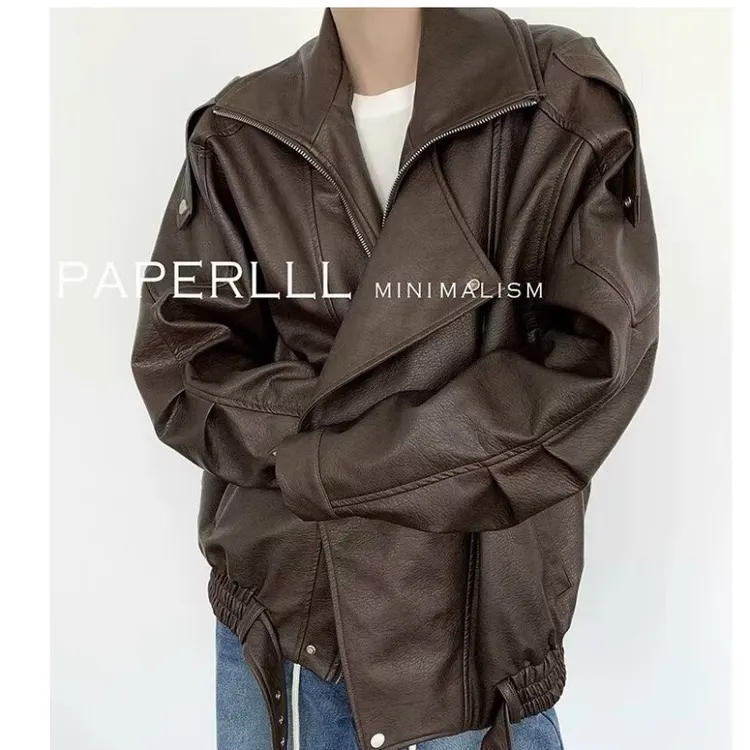 牛仔风复古皮夹克街头风秋季翻领皮衣冬季通用方领