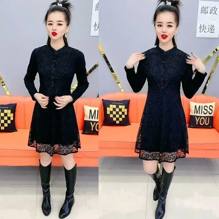 连衣裙女2025秋冬新款百搭加绒加厚蕾丝裙网红时尚遮肉显瘦打底裙