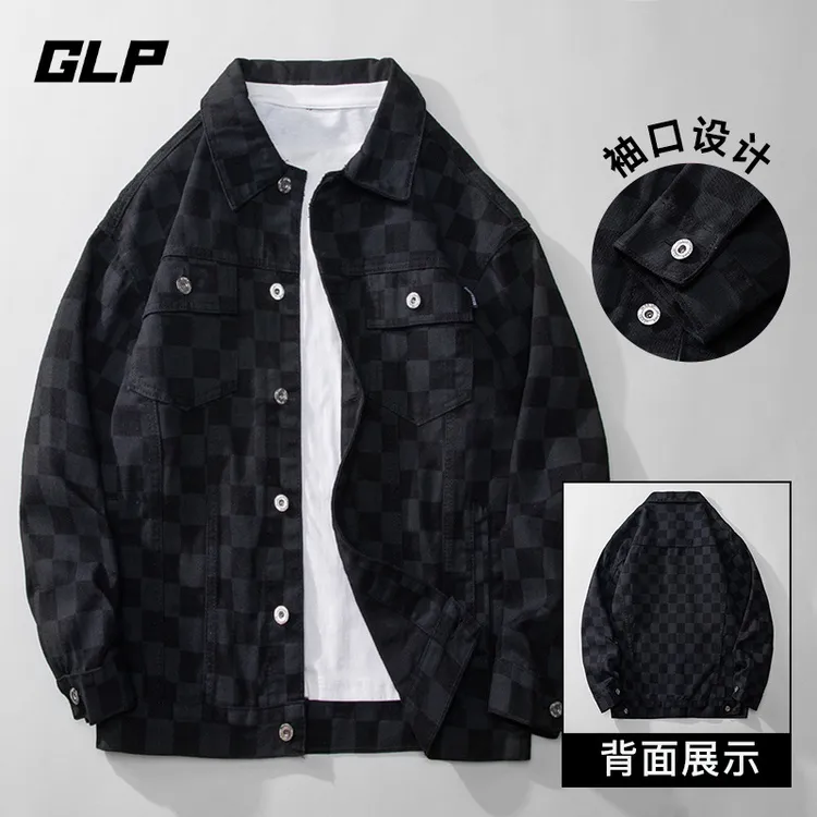 GLP牛仔夹克男春秋季新款宽松棋盘格时尚印花潮流牛仔外套男