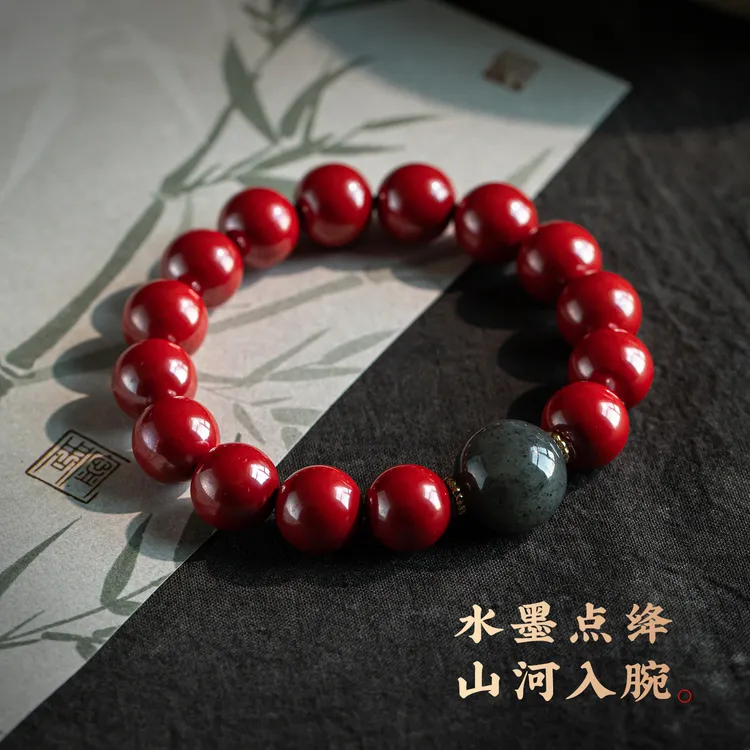 天然辰砂【青花点墨】纯手工编串红色保真手天然辰砂貔貅手串
