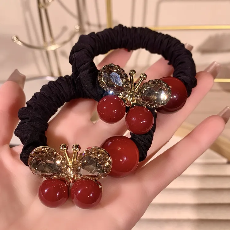 高级感蝴蝶镶钻珠珠发圈头绳女轻奢网红扎马尾高弹力皮筋丸子头饰