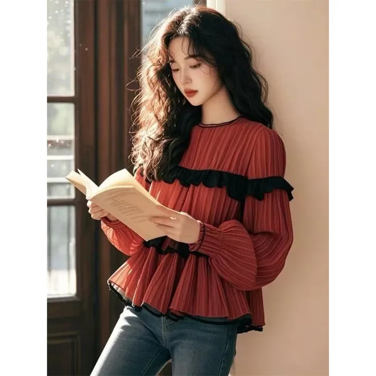 红色撞色雪纺木耳边衬衫女春秋2025新款法式甜美洋气时尚小衫上衣