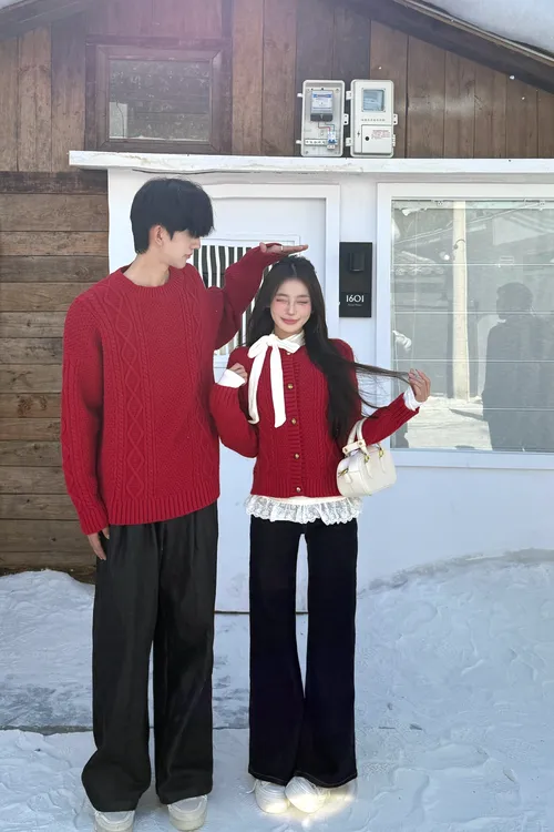 情侣装秋冬长袖套头针织加厚红色过年开衫毛衣潮