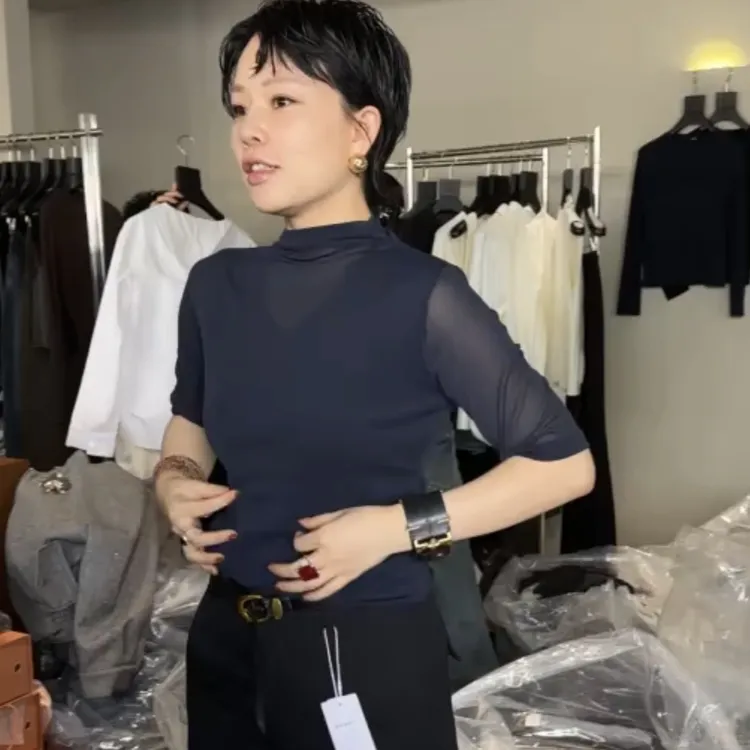 JING秋季爆款888-1女装半高领长袖T恤百搭时尚网纱打底衫女