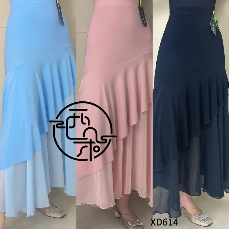 西朵舞服摩登舞大裙摆水晶麻双层交谊舞半身裙练功裙XD614