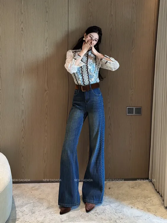 利达 NEW DADADA 复古高腰宽松春秋时尚休闲设计感牛仔裤DDM3869