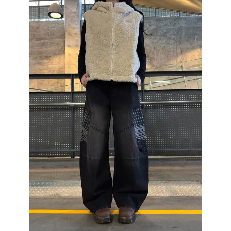 Musini美式星星印花工装牛仔裤男女同款宽松阔腿长裤高街弯刀裤潮