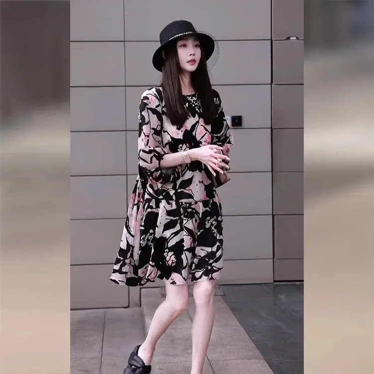 气质名媛高端女神范雪纺连衣裙女2025夏季新款高级感宽松显瘦裙子