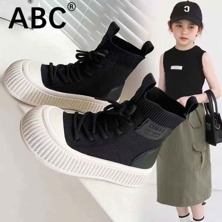 ABC儿童透气飞织袜子鞋2025春秋新款女童袜靴男童韩版高帮休闲鞋