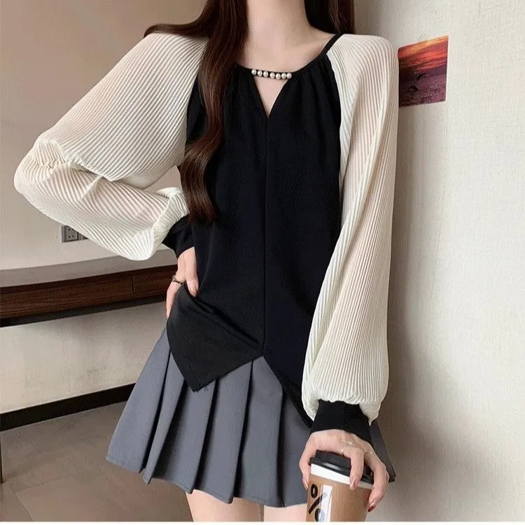 时尚洋气钉珠褶皱长袖衬衫女装秋季2025新款大码胖mm高级小衫上衣