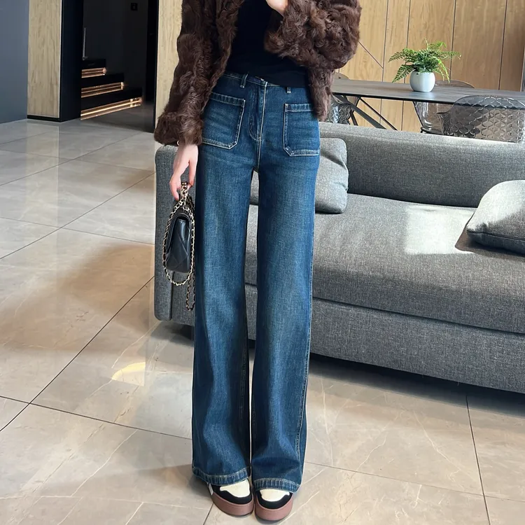 【大静静】“犷蓝尊牛”高腰巨显瘦遮肉牛仔磨毛微喇直筒裤