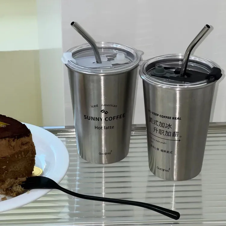 网红美式咖啡杯INS风牛奶杯高颜值不锈钢水杯大容量双饮情侣便携