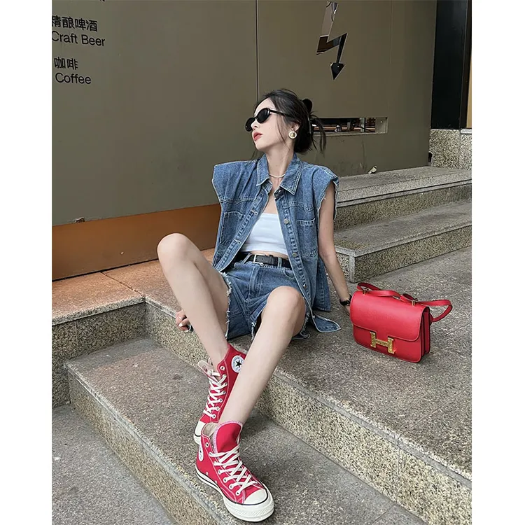 2025春季新款美式时尚复古无袖牛仔背心外套高腰显瘦百搭休闲短裤