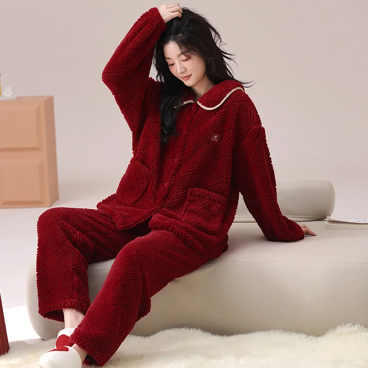 浪莎酒红色睡衣女珊瑚绒秋冬季结婚套装本命年新娘加绒加厚家居服