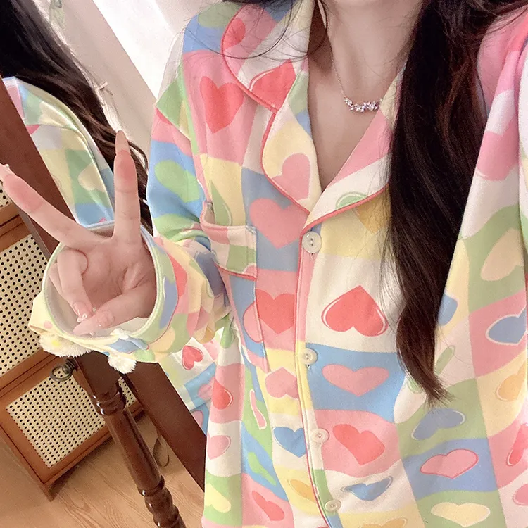 德绒七彩爱心睡衣女秋冬季少女心长袖长裤韩版加厚保暖家居服套装