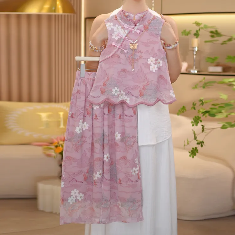 女童2025夏季新款国风新中式碎花背心+阔腿裤套装-8500