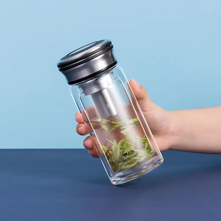 万象双层玻璃杯男士办公室泡茶水杯高档车载便携高颜值小巧带盖