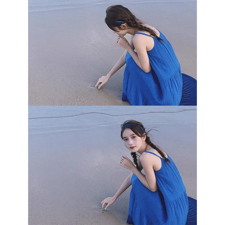 2025新款小个子法式蓝色吊带连衣裙子女装夏季海边度假沙滩裙长裙
