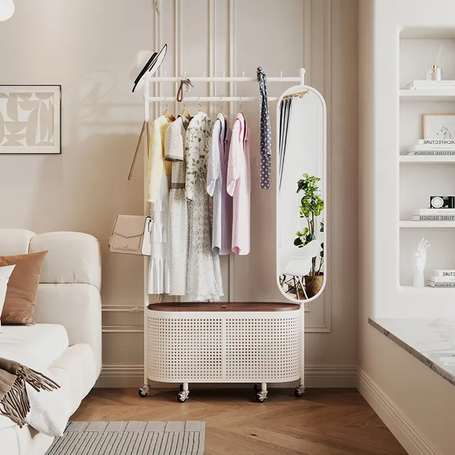 卧室挂衣架奶油白色衣帽架落地家用衣架轻奢穿衣镜挂衣架可移动