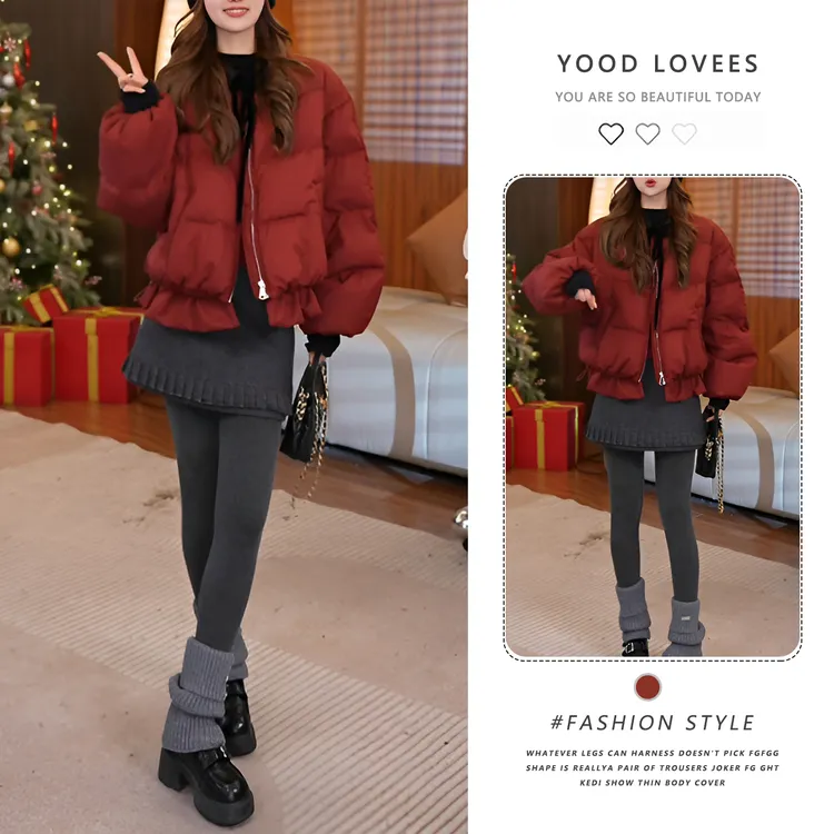 韩系圣诞小香风酒红色百搭棉服女保暖新年独特漂亮冬装短款厚外套