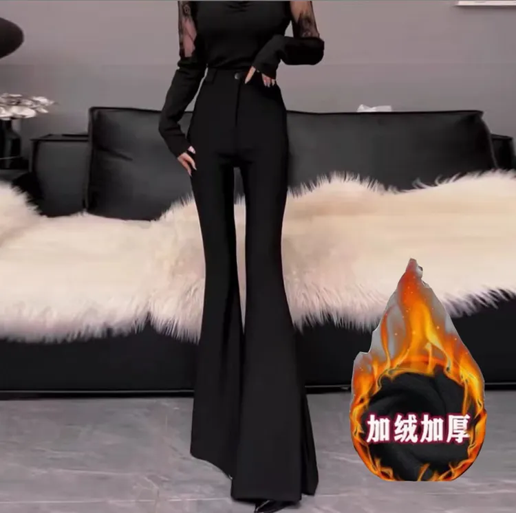 秋冬新款加绒修身显瘦百搭气质西装面料弹力高腰时尚喇叭裤6623#