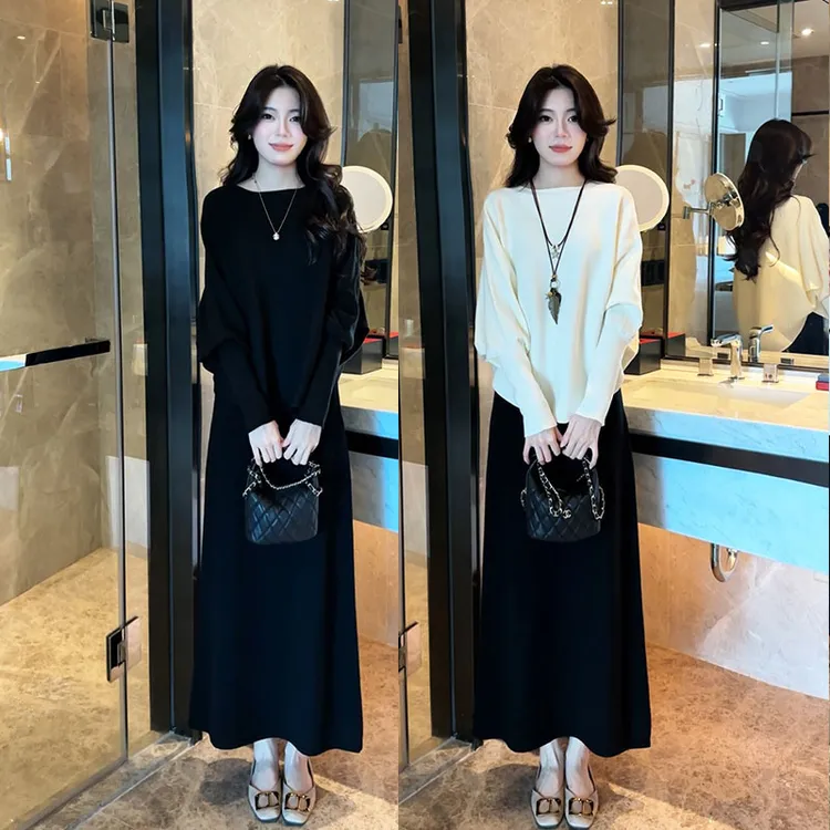 秋冬新款慵懒气质百搭蝙蝠长袖针织上衣+高腰遮胯显瘦半身裙套装