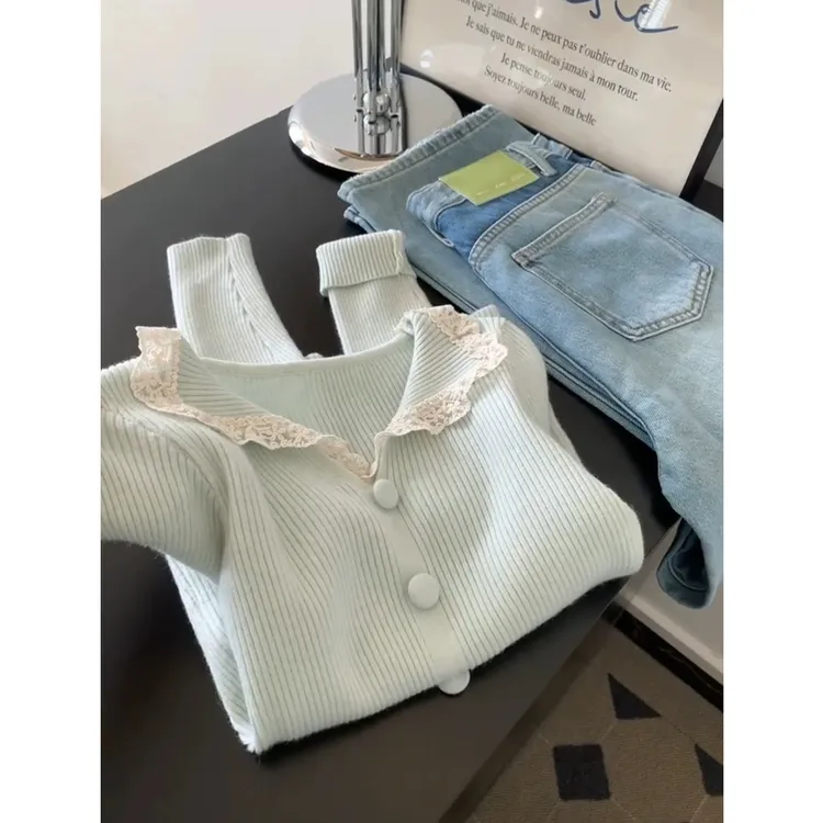 温柔风娃娃领蕾丝边针织衫女秋冬新款慵懒减龄百搭打底衫女上衣