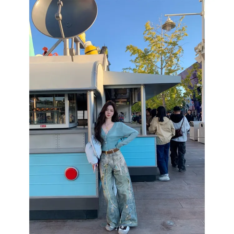 韩系辣妹修身v领长袖显瘦针织衫女秋季新款高腰垂感阔腿裤套装