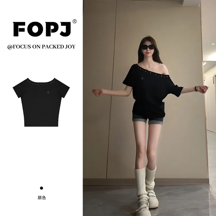 FOPJ铆钉款夏季小众百搭斜肩短袖t恤女韩版时尚百搭宽松辣妹上衣
