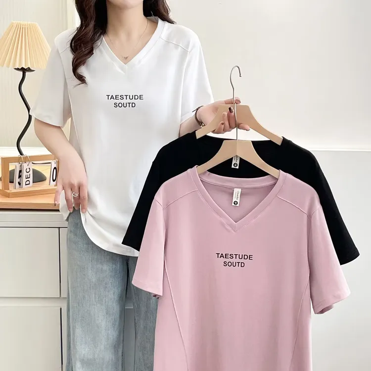 2025新款韩版大码女装百搭夏季简约显瘦宽松V领休闲短袖T恤