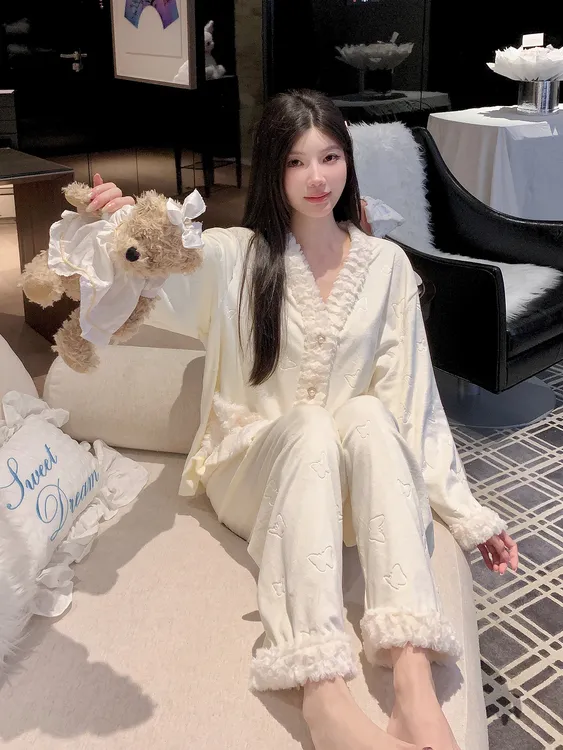 2025秋冬新款女士时尚潮流高级感可外穿加绒加厚保暖家居服两件套