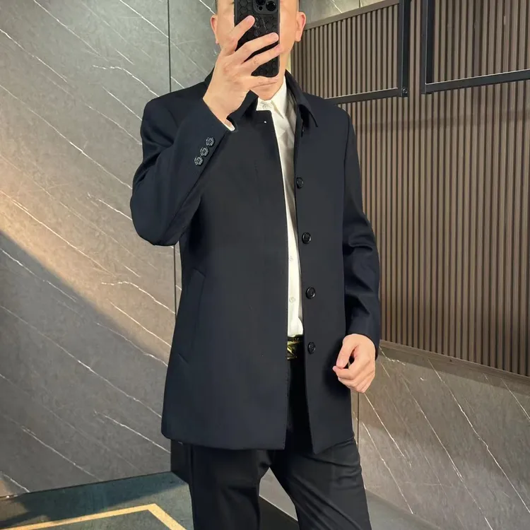 8082【商务行政正装中款风衣藏蓝色免烫抗皱】秋冬商务男装外套