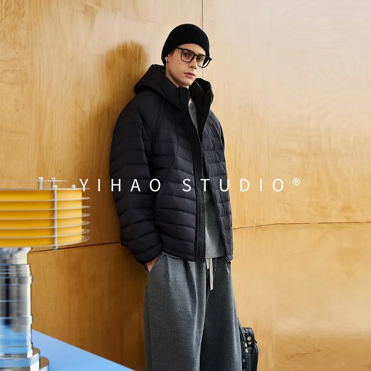 YIHAO STUDIO冬季男士轻薄排骨羽绒服连帽90白鸭绒轻量化可拆卸