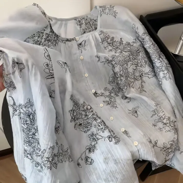 茶里茶气别致上衣法式蓝色圆领灯笼袖印花防晒衬衫女2025新款秋季