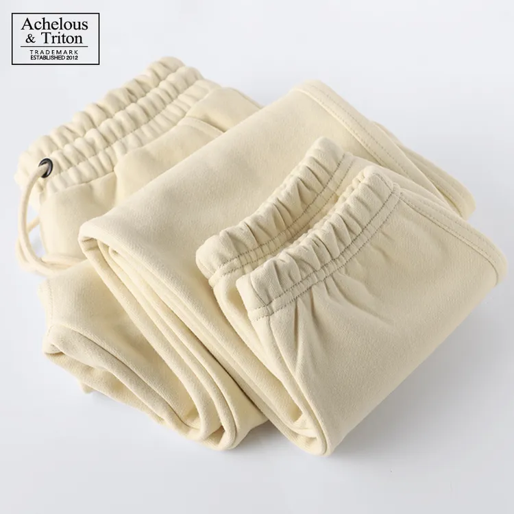 奶油杏520g重磅纯色厚实运动裤宽松纯棉休闲长裤加绒加厚束脚卫裤