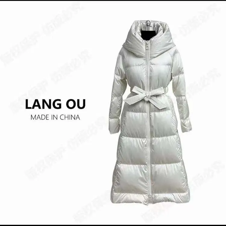 深圳南油高奢国标95白鹅绒长款羽绒服时尚系带缎面极寒保暖外套女