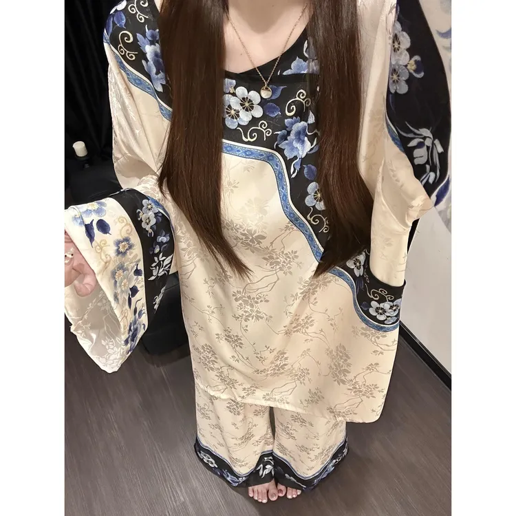 中式复古国风印花冰丝睡衣女夏新款大码长袖长裤家居服套装可外穿