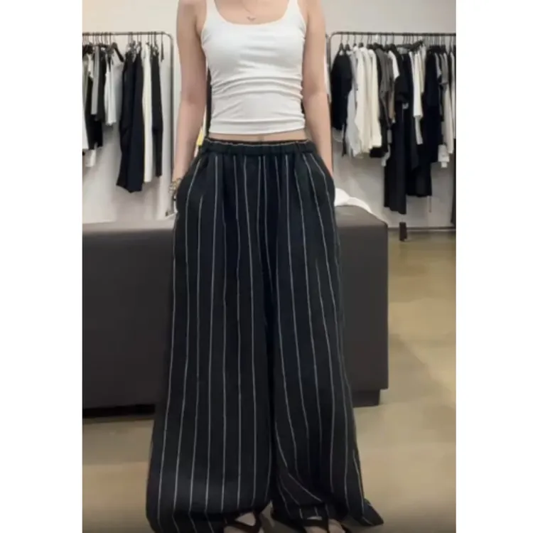 2025夏季新款高腰显瘦大码阔腿条纹亚麻阔腿休闲裤