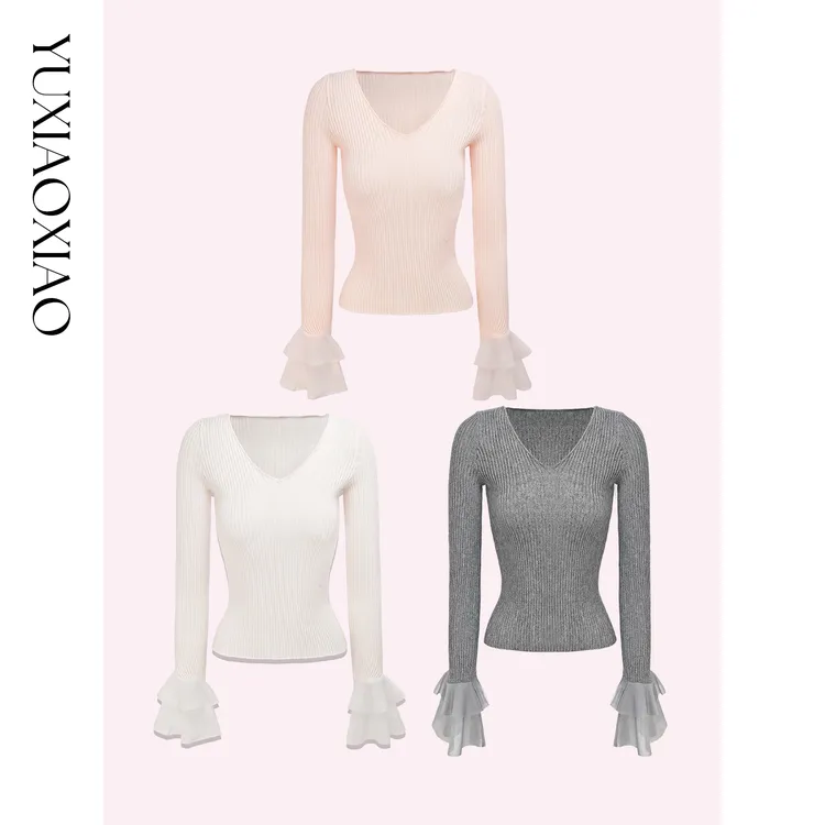 余潇潇【柔情诗篇】绵羊毛混纺亮丝甜美双层荷叶边袖V领修身羊毛衫