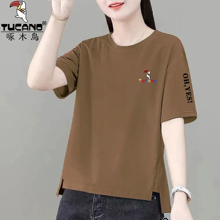 啄木鸟纯棉大码胖mm圆领印花短袖上衣夏季休闲显瘦洋气百搭T恤女