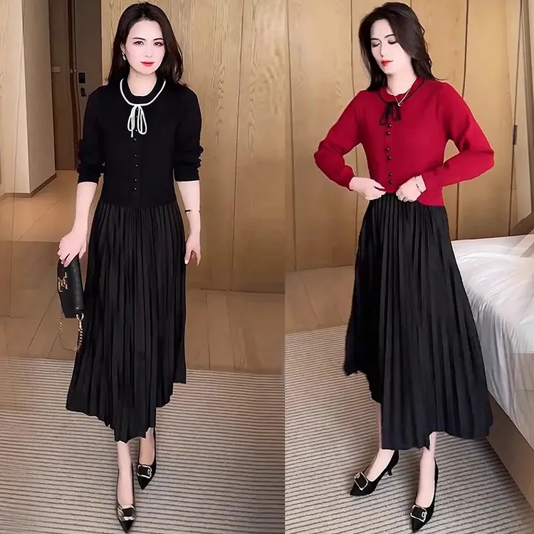 时尚针织连衣裙女2025春季新款洋气加厚显瘦圆领绑带假两件毛衣裙